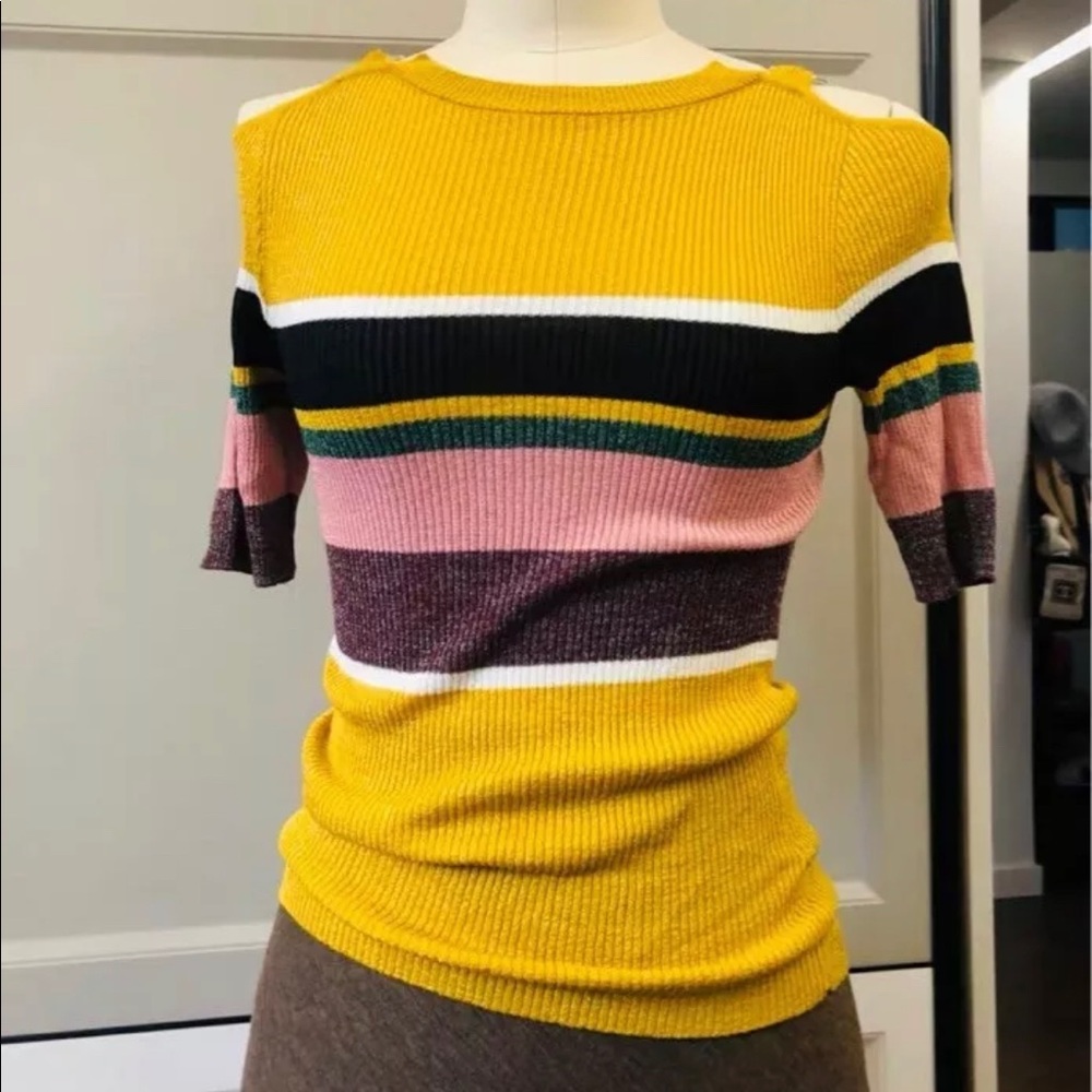 Off Shoulder Short Sleeves Knit Top Bright Stripes